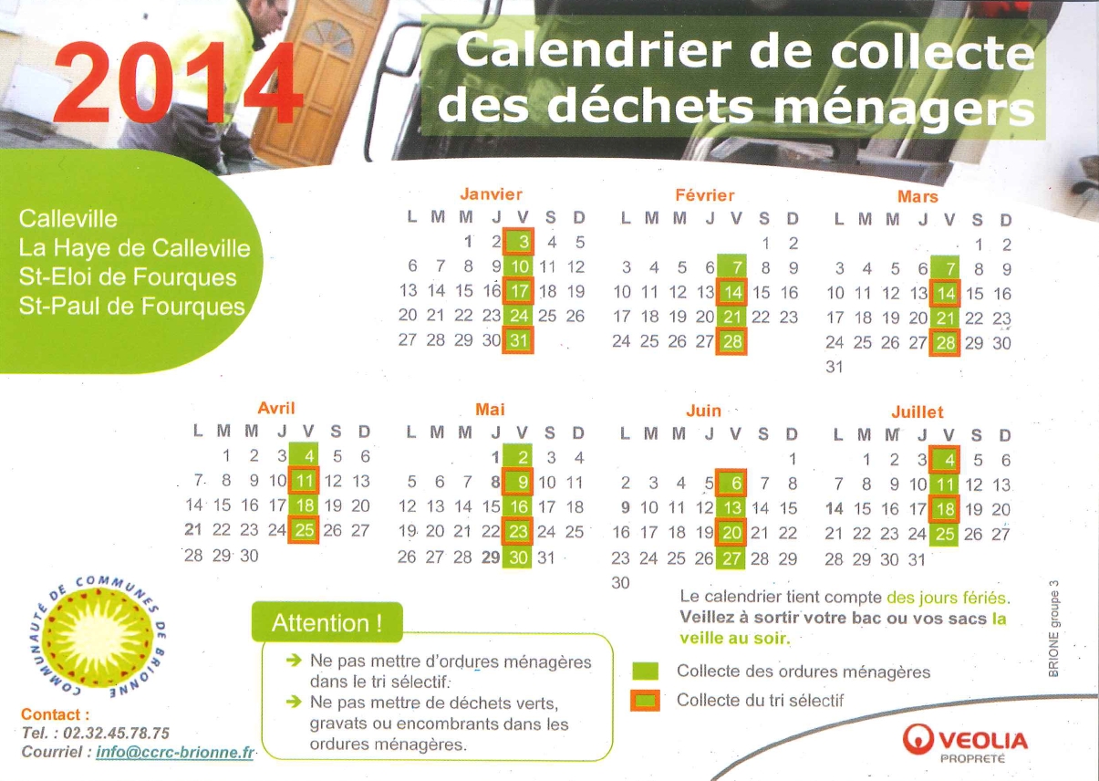 Le calendrier du 1er semestre 2014 de la collecte des déchets ménagers à Saint-Eloi-de-Fourques