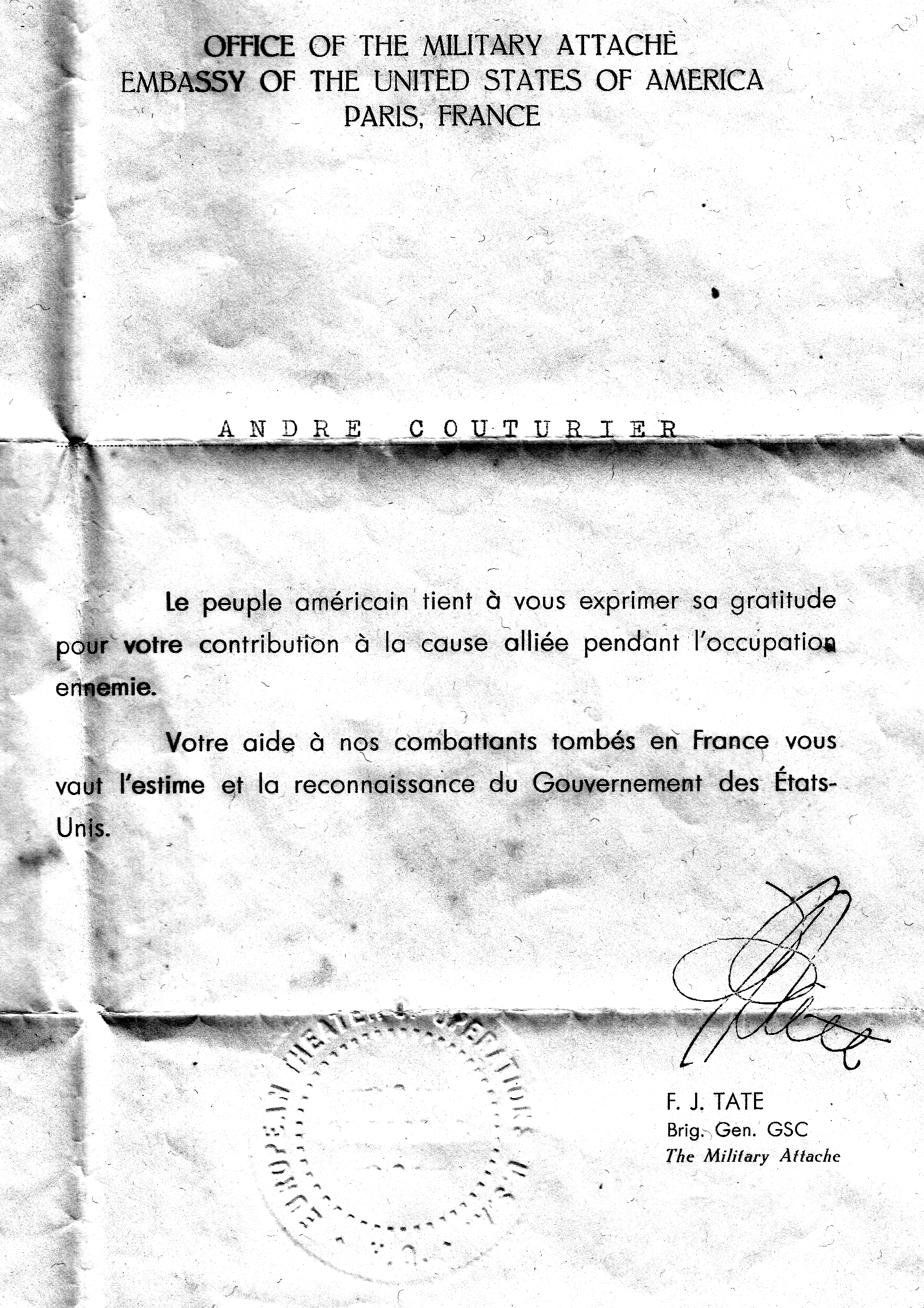 La lettre de l'attaché militaire de l'ambassade des Etats-Unis à André Couturier au lendemain de la guerre 39-45